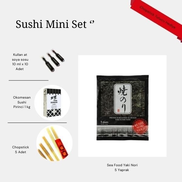 Mini Sushi Seti 2 – Okomesan Pirinç, Yaki Nori, Soya Sosu ve Chopstick Seti + Hediye Chopstick Tutucu