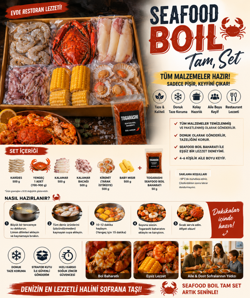 Seafood Boil Tam Set (8-10 Kişilik) | Karides, Yengeç, Kerevit, Kalamar, Midye, Mısır + Togarashi Baharat | Evde Restoran Lezzeti