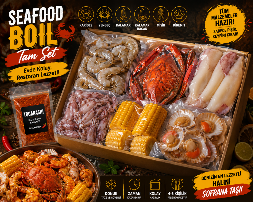 Seafood Boil Tam Set (8-10 Kişilik) | Karides, Yengeç, Kerevit, Kalamar, Midye, Mısır + Togarashi Baharat | Evde Restoran Lezzeti